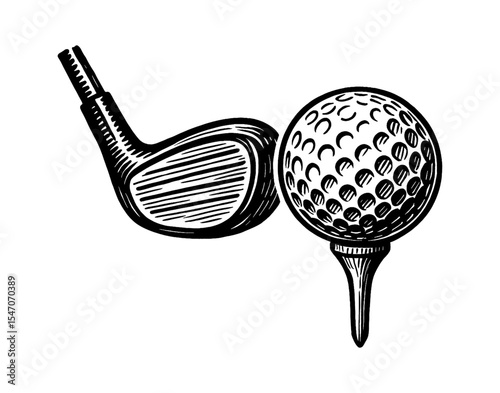 Golf Ball on Tee with Club in Engraved Style for Sport and Recreation Theme Black and White