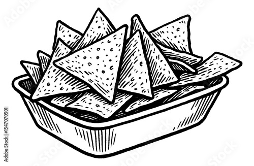 Black and White Illustration of Bowl Full of Triangle Nachos Chips