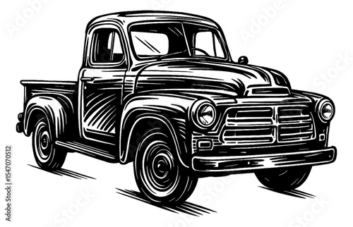 Vintage Pickup Truck Illustration in Detailed Black and White Line Art Drawing
