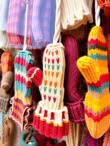 Warm and colorful woolen mittens on display