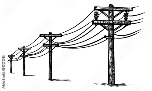 Row of black and white sketch of electric power poles and power lines along the street