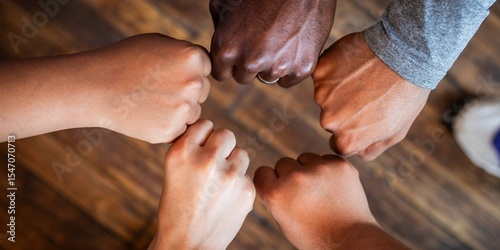 Diverse hands in a circle, symbolizing unity and teamwork. Hands of different ethnicities show diversity and collaboration. Unity and teamwork emphasized. Diverse hands fist bumping in the middle.