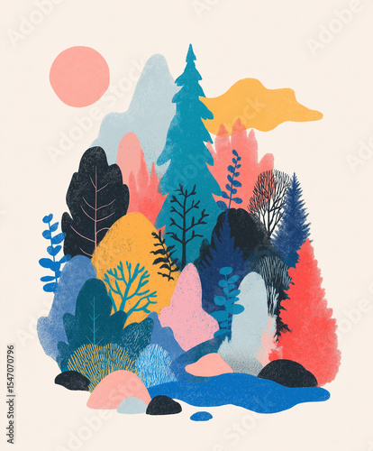 Trees, moon and mountains, bush and foliage, botanical illustration in flat style, abstract gouache background
