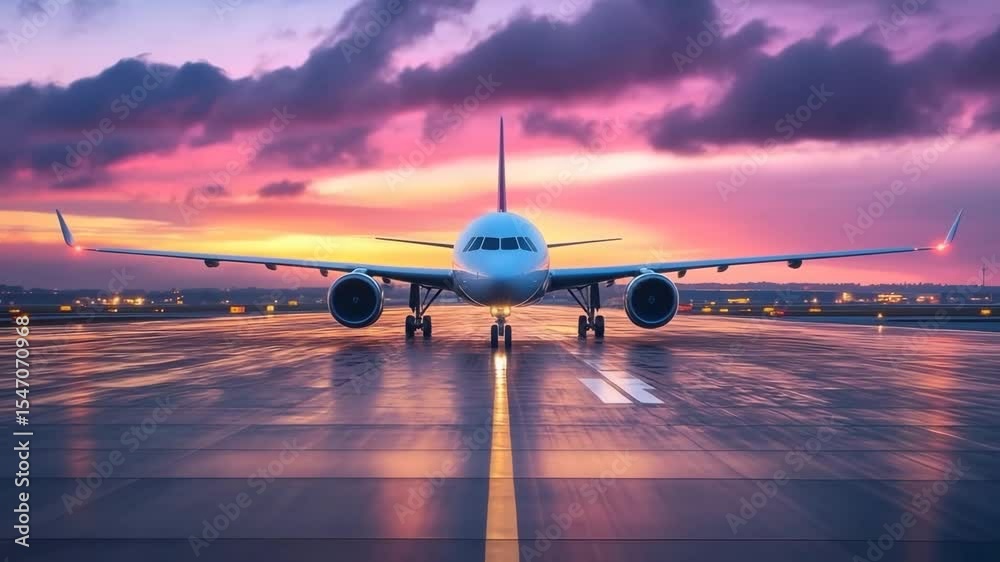 Airplane on runway at sunset with vibrant colorful sky and reflective wet tarmac creating dramatic peaceful atmosphere at airport showcasing aircraft travel transportation reflection on tarmac sky