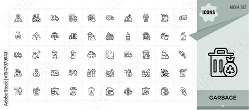 Garbage icon set. Minimal icons collection. Contains outline symbols like bin, dustbin, junk, pollution, rubbish, trash. Editable stroke. Vector illustration. Waste icon set in linear style.