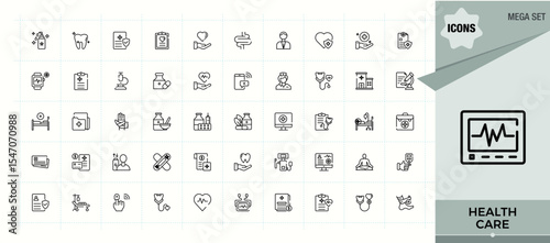 Health Care icon set. Thin UI icons. Medicine modern icon set. Contains such icons as treatment, medical, health, healthy, vaccination, pharmacy, diagnosis and more.