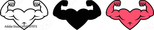 Strong heart vector illustration for love and fitness concept with muscle arms and heart shape design set editable stock vector