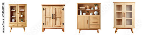 Light Wood Cabinets Set: Natural Wooden Furniture for Interior Design Mockups