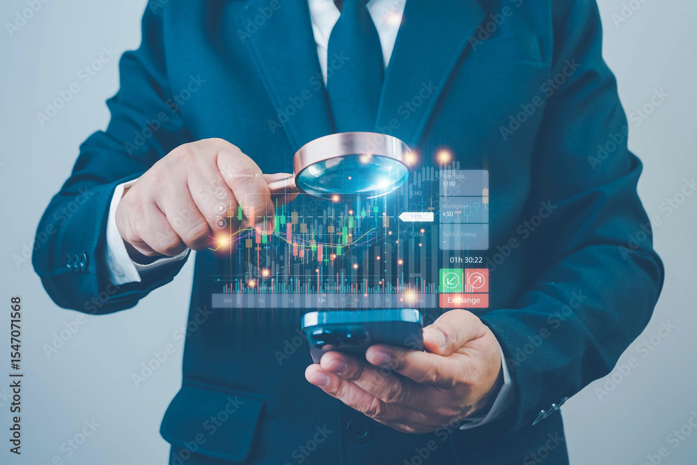 Φωτογραφία Businessman use magnifier glass find stock in stock markets, uptrends, growth economics, business strategy development, and opportunities for investment, take profit from funds, Financial Analyst
