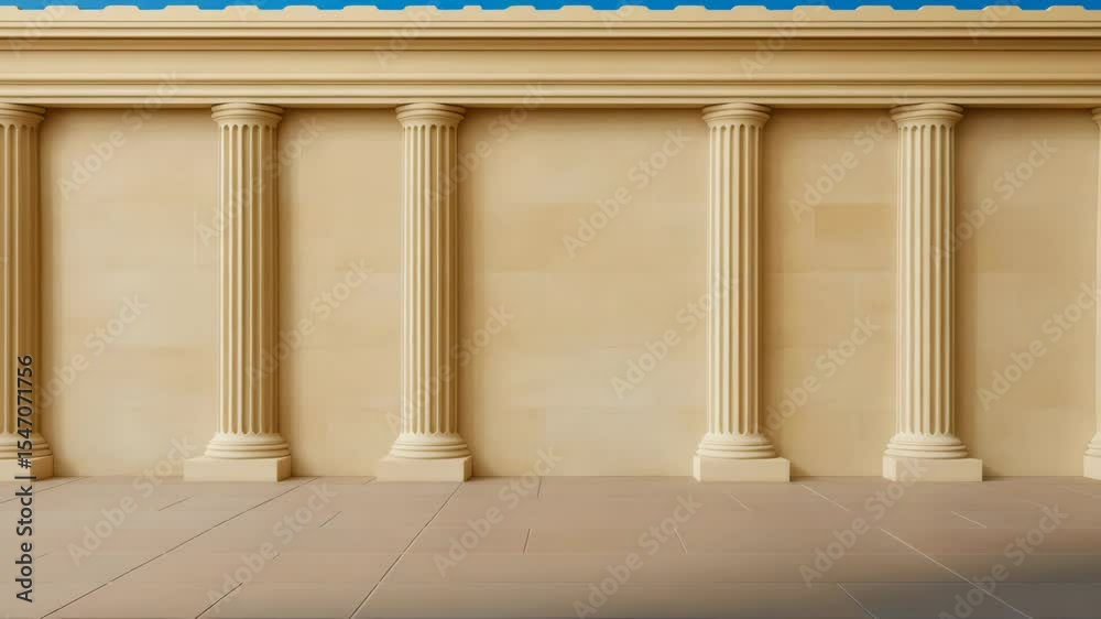 Ancient classical architecture featuring beige stone columns and pillars with fluted shafts, creating serene exterior facade of building with timeless elegance and calm atmosphere