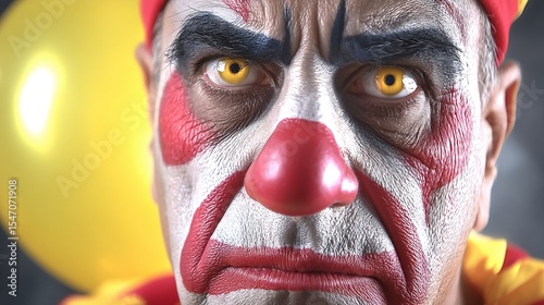 Intense close-up of a man dressed as a sinister clown with yellow eyes and vivid makeup