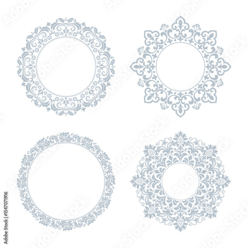 Set of decorative frames Elegant vector element for design in Eastern style, place for text. Floral gray and white borders. Lace illustration for invitations and greeting cards
