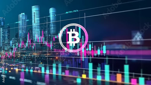Cryptocurrency market analysis with vibrant charts and city skyline at night showcasing growth trends