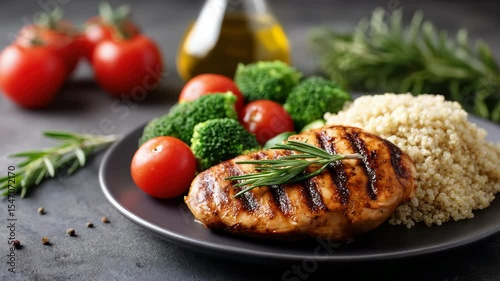 Grilled chicken breast, cherry tomato, broccoli, quinoa, and rosemary black plate, healthy meal with fresh vegetables and olive oil, appetizing and nutritious food grilled chicken breast, quinoa