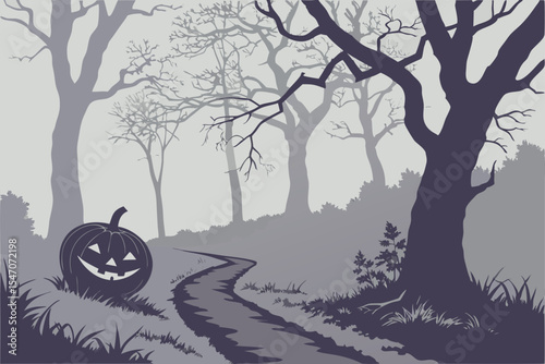 Jack-o'-lantern with glowing eyes on a foggy forest path, mysterious and moody