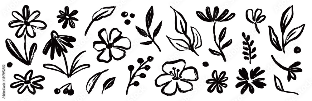Flower brush hand drawn vector set. Hand drawn doodle flower, floral leaf elements in brush stroke ink style. Simple abstract botanical silhouette set for nature black paint art. Vector illustration
