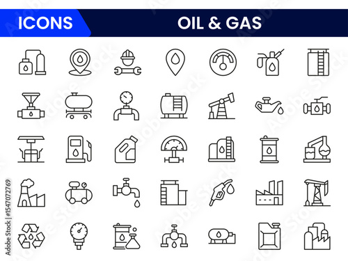 Robust vector web line icons depicting oil and gas, drilling, pipelines, refineries, and energy production for industrial operations.