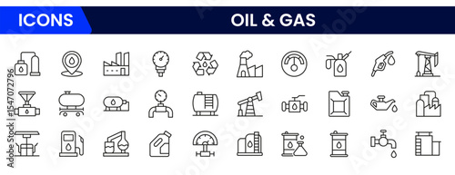 Robust vector web line icons depicting oil and gas, drilling, pipelines, refineries, and energy production for industrial operations.