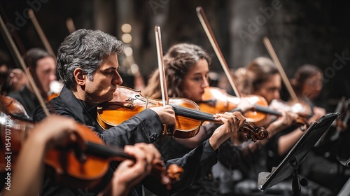 Orchestra musicians perform passionately during a symphony concert with focused expressions