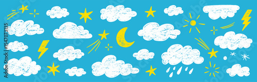 Cloud crayon texture star, moon set. Hand drawn crayon pencil stroke cloud, moon, sun weather shape with chalk texture. Sky elements for kid, baby, school background design. Vector illustration
