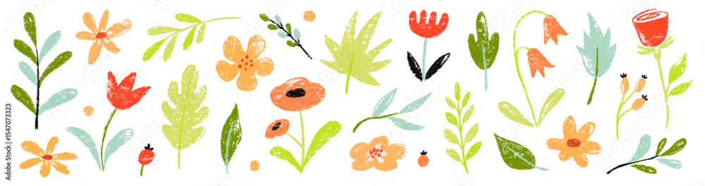 Flower spring vector garden cute element set. Hand drawn pastel flower, leaf, wildflower daisy cute elements with crayon chalk texture. Doodle garden floral plant kid background. Vector illustration