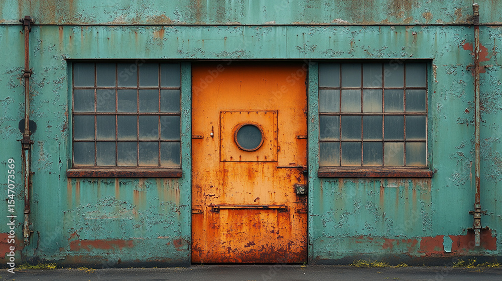 Naklejka premium Orange door, weathered green wall, industrial building exterior