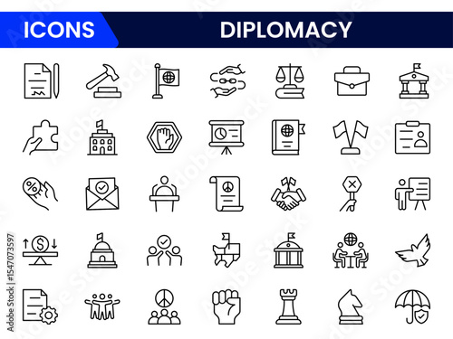 Sophisticated vector web line icons depicting diplomacy, negotiations, international relations, treaties, and global cooperation for peaceful diplomatic engagement.