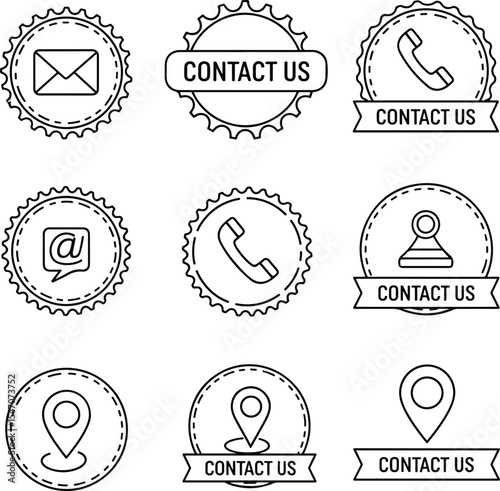 Creative contact us icon set designed inside circular stamp shapes — ideal for business cards, with editable stroke vector lines
