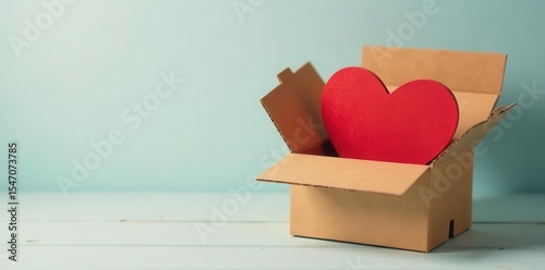 Open heart cardboard box, wood excelsior filling Pastel brown background , mockup, gift