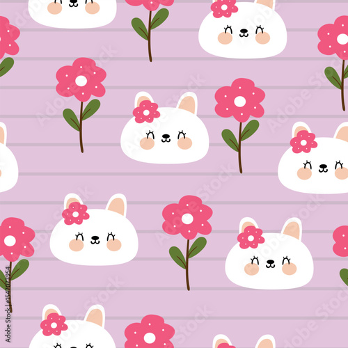 Seamless pattern cute cartoon bunny and pink flowers. cute animal drawing wallpaper and background