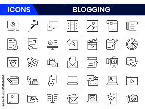 Engaging vector web line icons depicting blogging, content creation, posts, comments, and digital storytelling for vibrant online engagement.