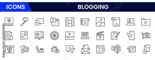 Engaging vector web line icons depicting blogging, content creation, posts, comments, and digital storytelling for vibrant online engagement.