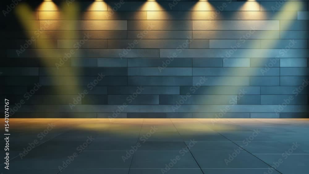 Empty room with dark tiled floor and wall illuminated by warm spotlight creating cozy dramatic atmosphere modern design stage performance space with sleek architectural features and soft shadows