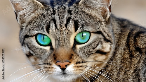 Close-up of a tabby cat with striking green eyes and detailed fur pattern