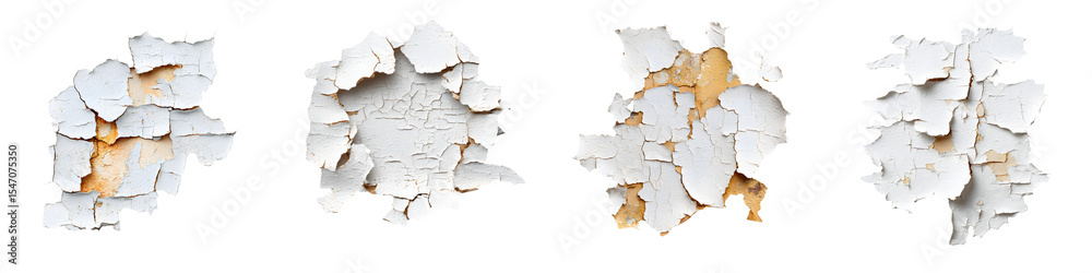 Obraz premium Distressed Paint Textures: Cracked and Peeling White Paint on Isolated Background