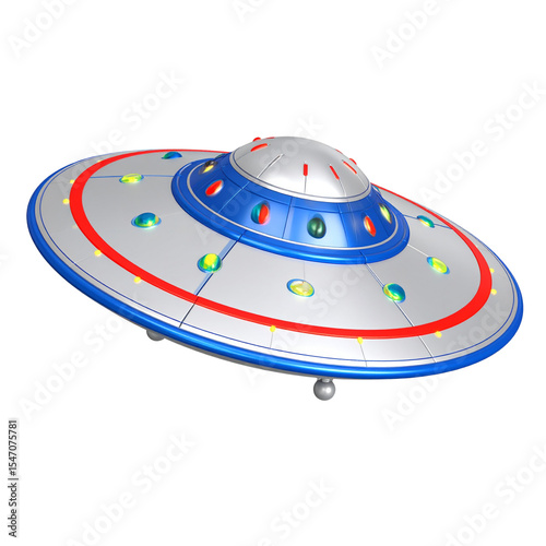UFO Alien Flying Saucer with Glowing Lights, Hovering in Atmosphere.
