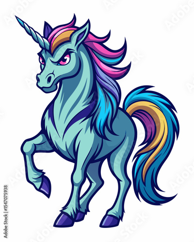 angry unicon realistic  design and bold line black  , white background ,full  color