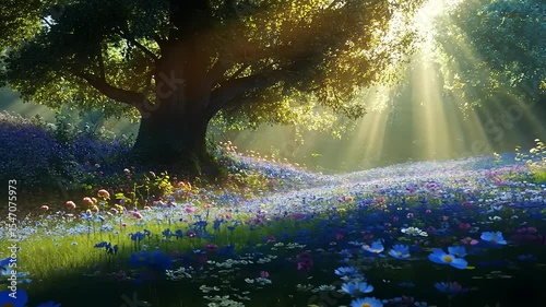 Serene sunlit meadow filled with vibrant wildflowers under a majestic tree in a tranquil landscape