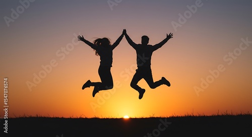 Wallpaper Mural Silhouetted couple joyfully leaps at sunset, celebrating a shared moment of happiness and freedom. Torontodigital.ca