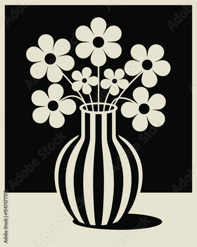 Striped Vase with Stylized White Flowers – Elegant Black and White Floral Illustration