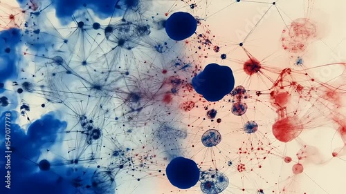 Abstract visualization of interconnected blue and red particles against a light background