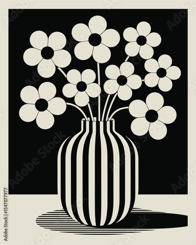 Striped Vase with Stylized White Flowers – Elegant Black and White Floral Illustration