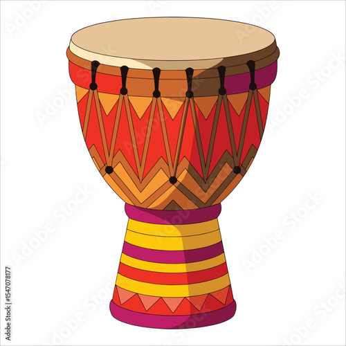 Vibrant African djembe drum illustration. Traditional hand percussion illustration for music festivals and global rhythm concepts.