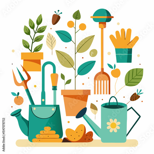 Vibrant Gardening Tools and Plants Design Perfect for Spring Branding Projects or Eco-Friendly Logos