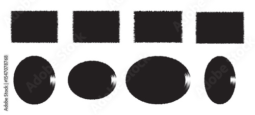 Grunge rectangle and circles brush set. Brush frame rough rectangle box shape set. Set of black grunge rectangles, circles shapes on a white background. black ink brush strokes.