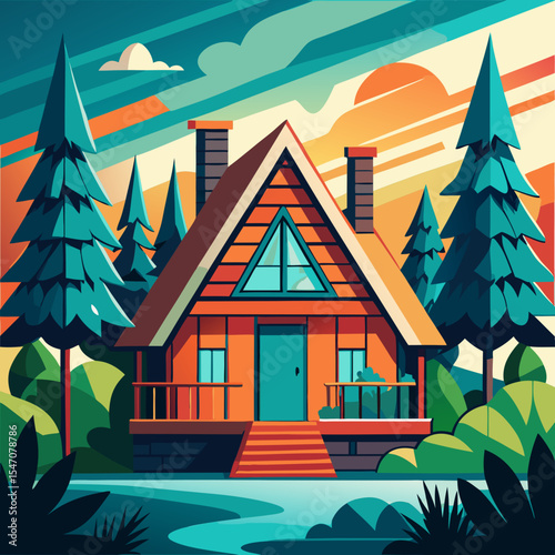 Stunning A-frame Cabin nestled in a vibrant forest landscape at sunset, perfect for nature-themed designs and branding projects.
