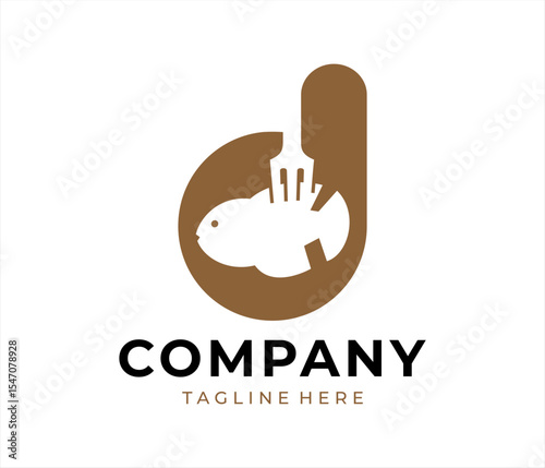 Food logo design that combines the letter d with a fish and a fork, using the color brown.