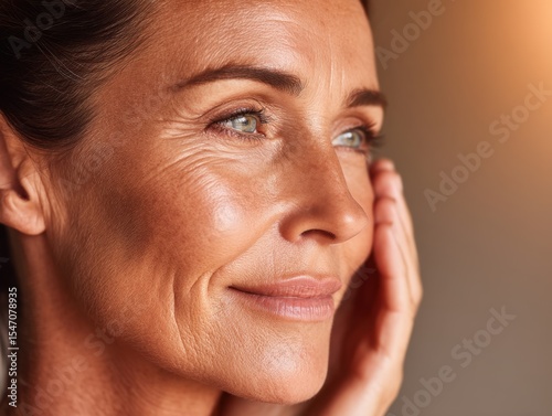 A close-up of a mature woman gazing out with a touch of wonder, as the golden light gently caresses her face. This image reflects beauty, experience, and a sense of serenity.