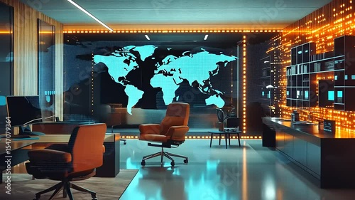 Modern office interior featuring a world map display, sleek furniture, and ambient lighting effects