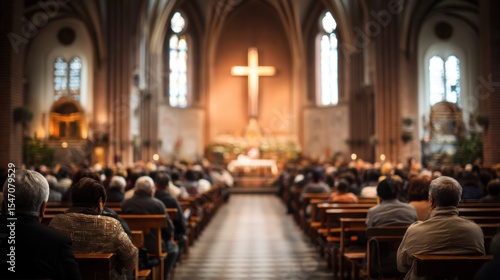 Blurred church interior focusing on the altar with a large cross, surrounded by seated congregation during a religious service 